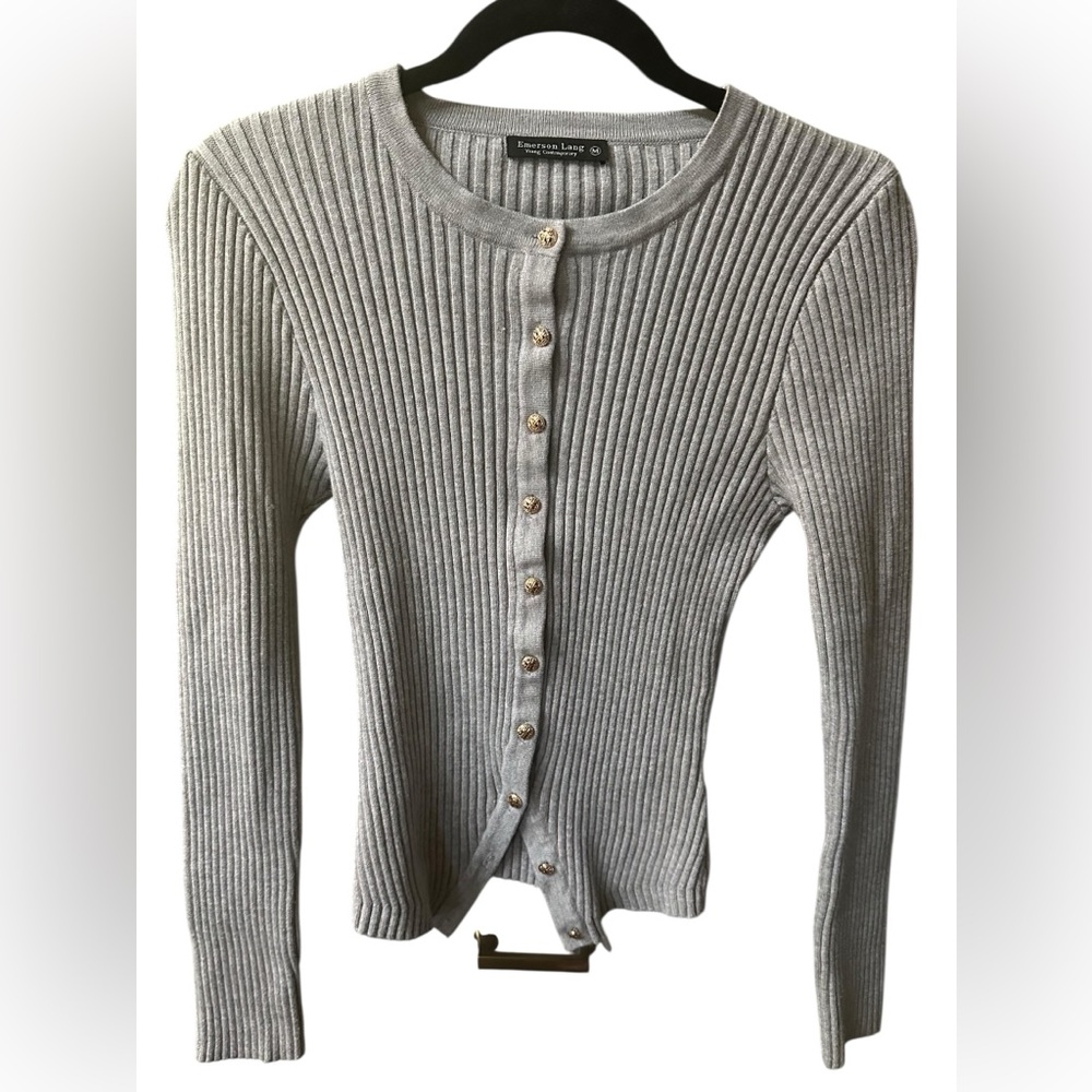 Emerson Lang Y2K Style Gold Button Down Ribbed Knit Cardigan Gray Size Medium - Picture 2 of 7